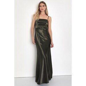 Lulus Endlessly Intriguing Olive Green Satin Maxi Dress - Size S